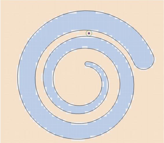 Actual Jordan-curve browser illustration of a spiral, blue inside, orange outside, and a sampled boundary band